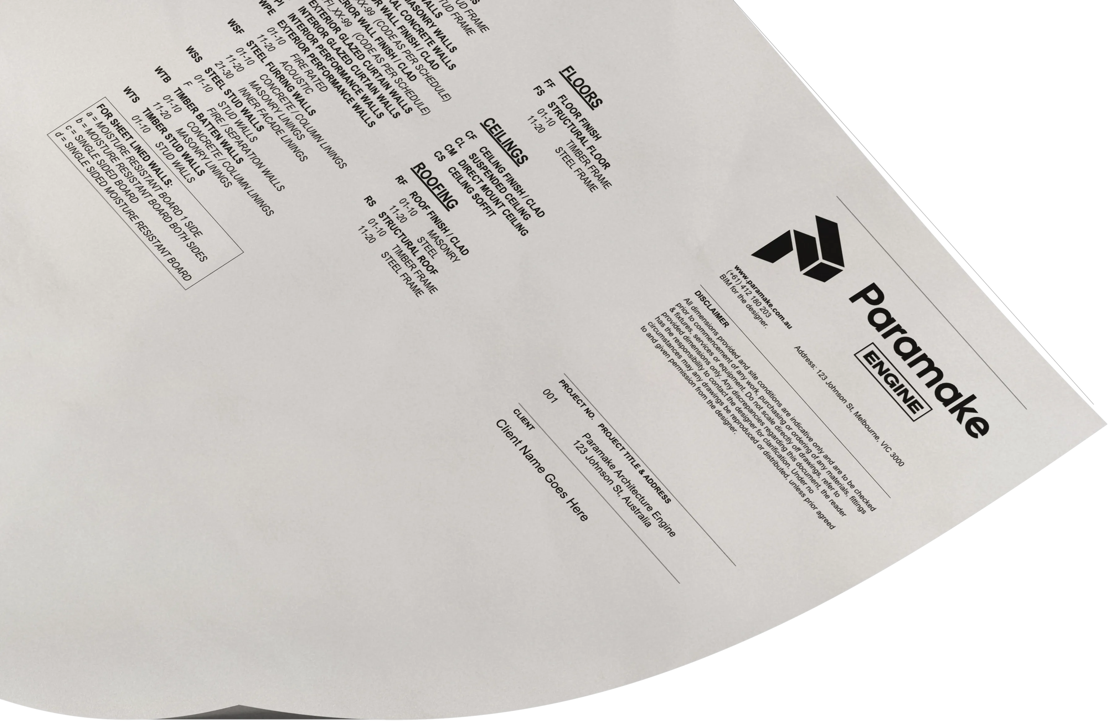 A printed Paramake Engine drawing sheet curling up, showing its branded title block and wall, floor, ceiling and roofing type codes