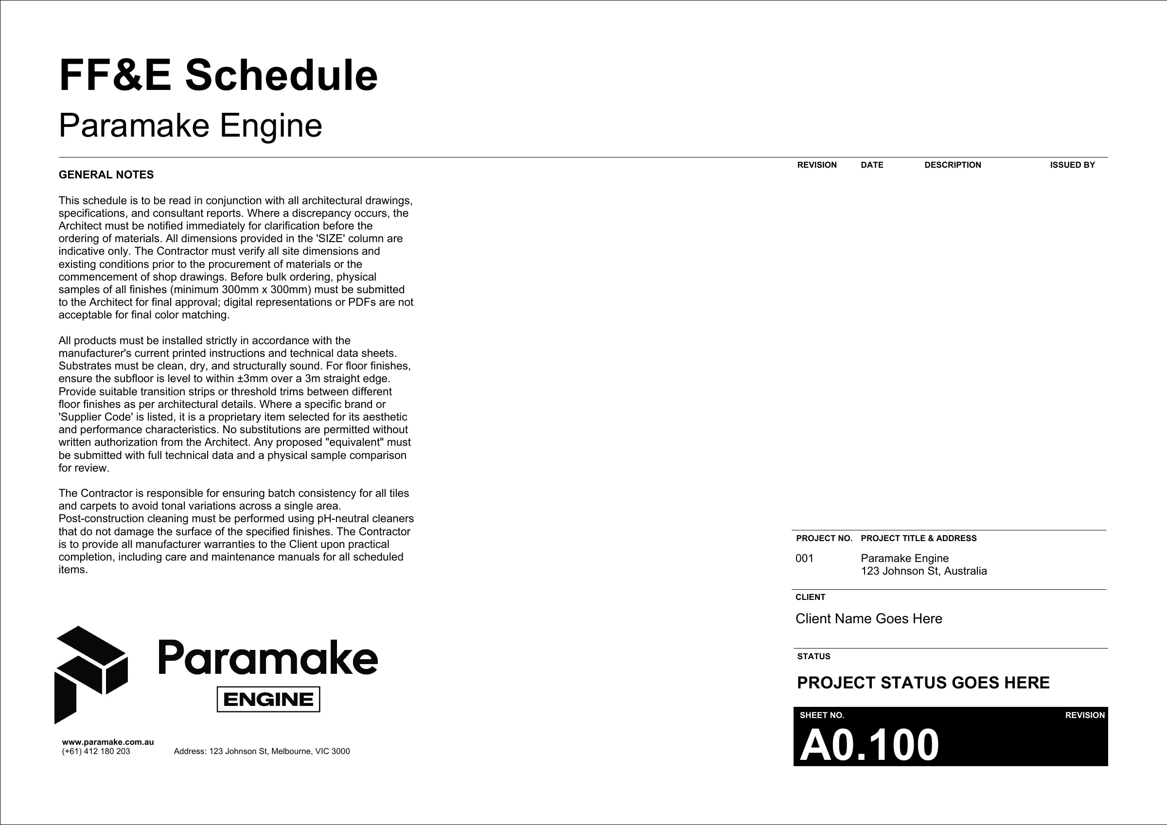 Sheet A0.100 – FF&E Schedule cover sheet for the Paramake Engine, with general notes, revision table and title block