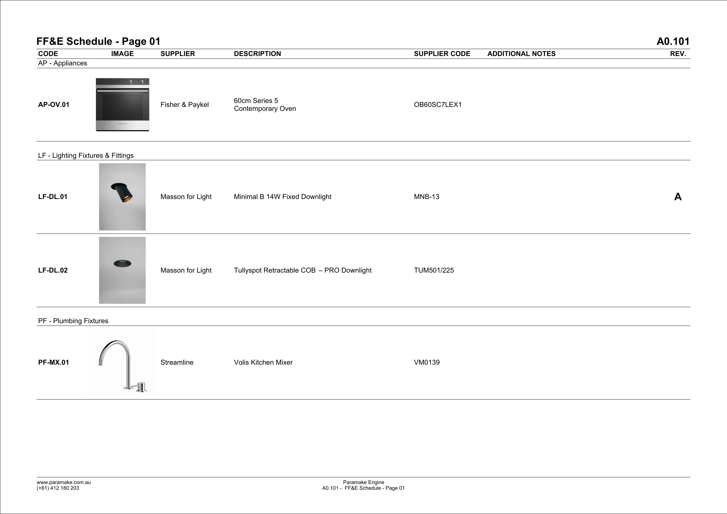 Sheet A0.101 – FF&E Schedule page 01, listing an oven, two downlights and a kitchen mixer with images, suppliers and codes
