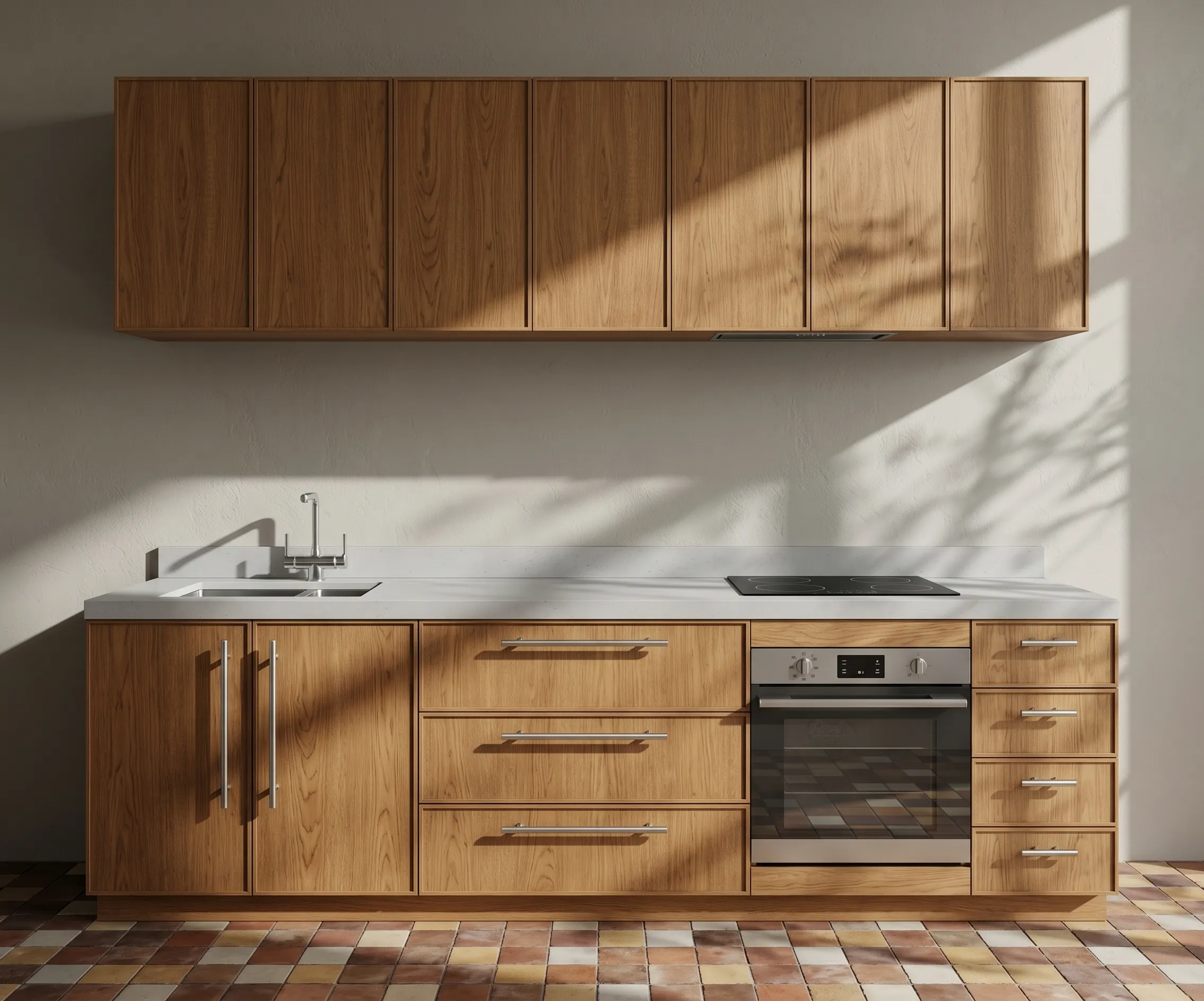 Timber kitchen with overhead cupboards, a white stone benchtop with sink and cooktop, drawers, an oven and pantry doors, in warm afternoon light over a terracotta tile floor