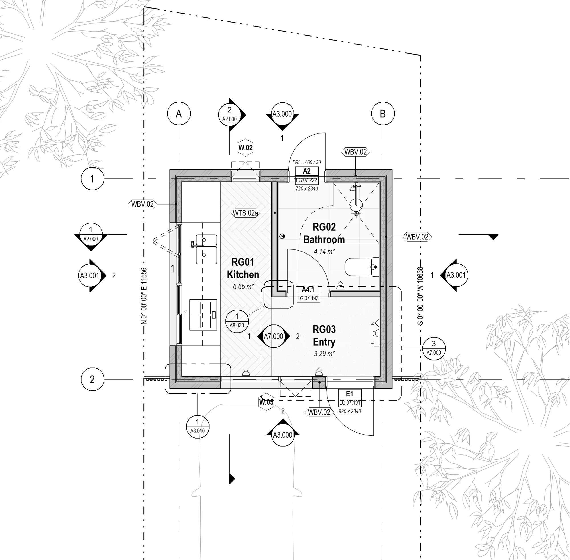 Coordination view of the same floor plan with grid lines, section marks, wall tags and door tags