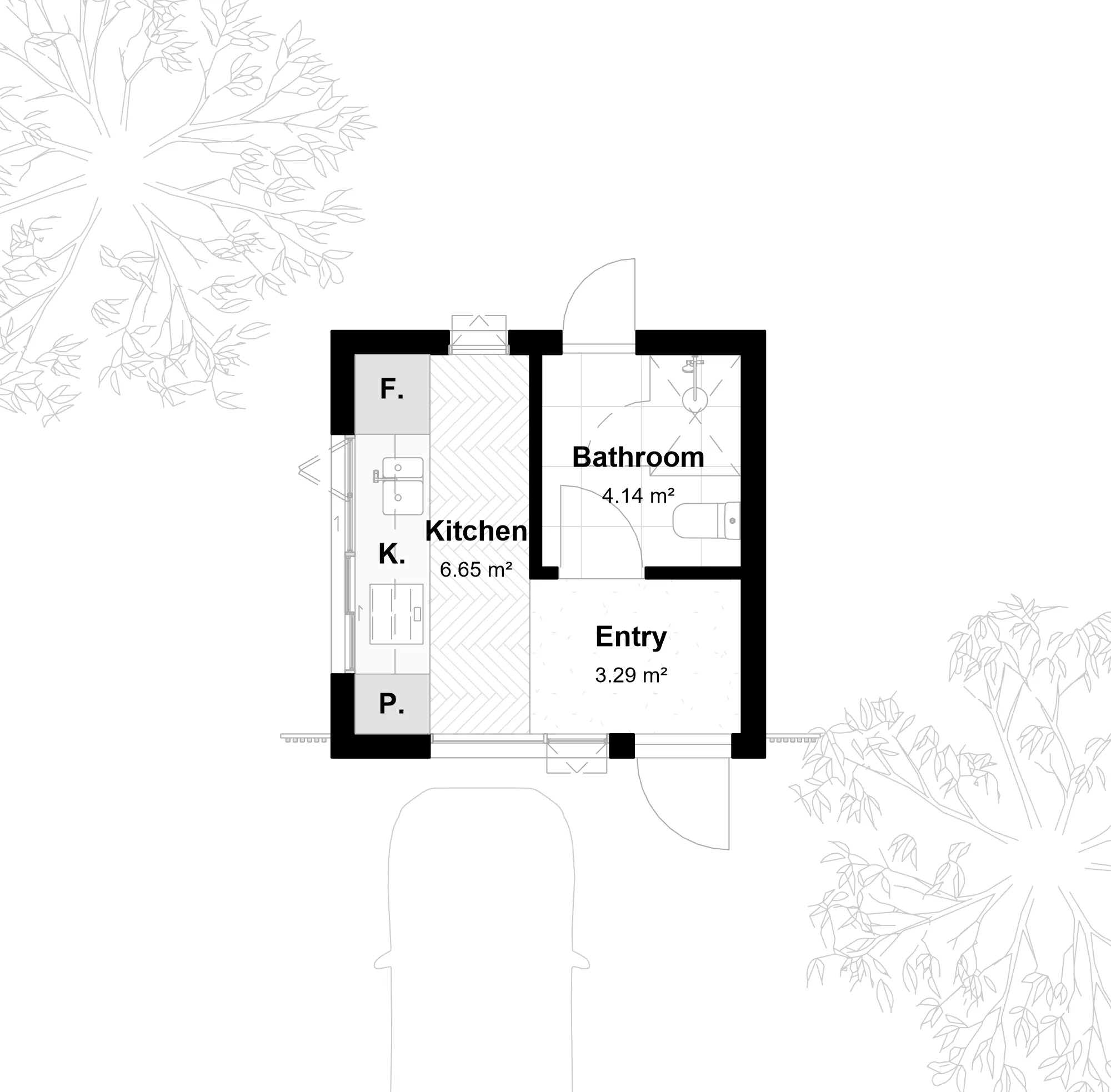 Presentation view floor plan: kitchen, bathroom and entry with solid black walls and simple room labels
