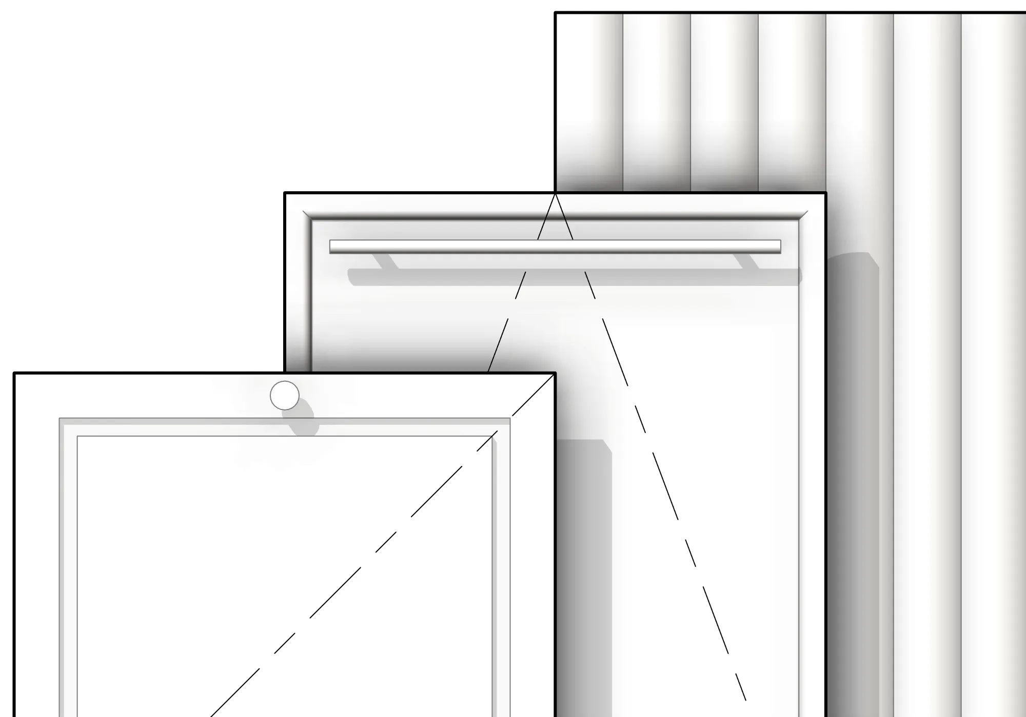 Three Revit cabinet door families stacked in front of each other – a shaker door with a knob, a raised-panel door with a bar handle and a fluted panel