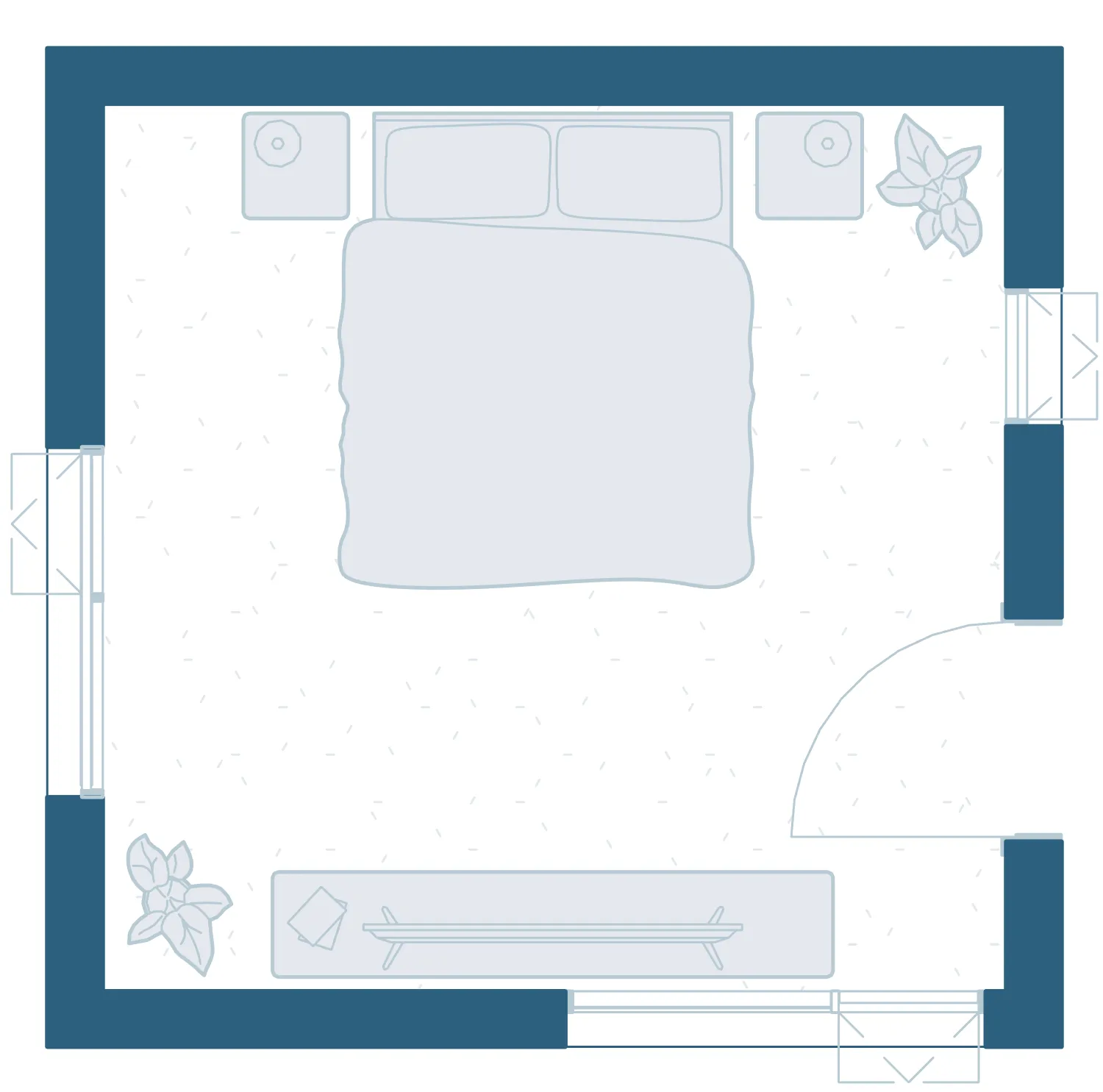 Bedroom floor plan in Paramake blue: queen bed between two bedside tables, windows on the left, right and bottom walls, a door swing on the right, and plants in two corners beside a bench